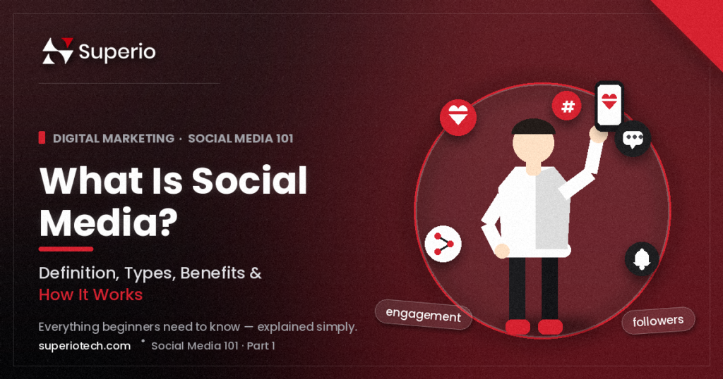 Illustration of a person holding a phone with a heart icon, surrounded by comment, share, bell, and hashtag icons, representing what social media is