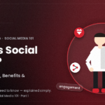 Illustration of a person holding a phone with a heart icon, surrounded by comment, share, bell, and hashtag icons, representing what social media is