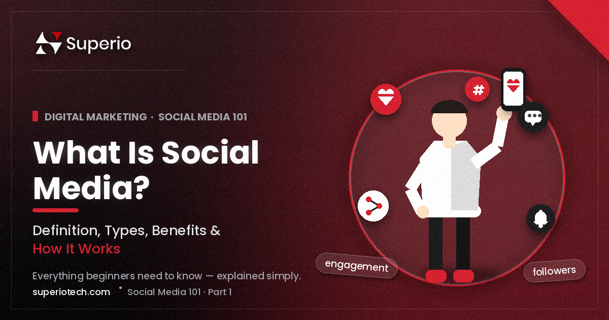Illustration of a person holding a phone with a heart icon, surrounded by comment, share, bell, and hashtag icons, representing what social media is
