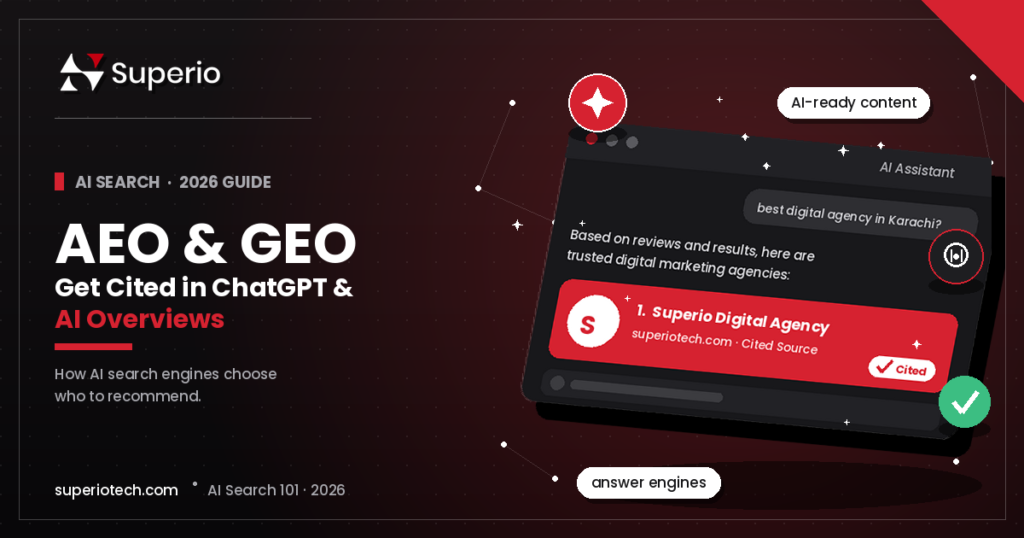 Tilted AI chatbot interface showing a business cited as the top source in a ChatGPT-style answer, with neural network, sparkle, and verified badge icons