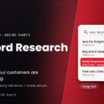 Keyword research 101 banner showing a search bar with keyword suggestions and search volume for finding customer search terms