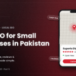 Local SEO for small businesses in Pakistan banner showing a phone with a map pin location and business listing card with ratings and open now status