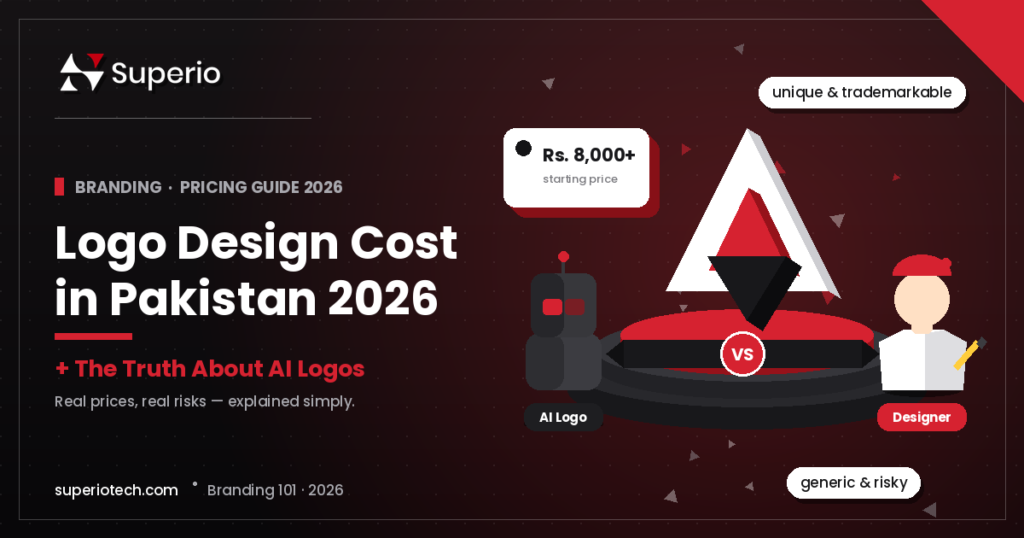 3D illustration of a Superio logo sculpture on a pedestal with an AI robot versus a human designer character, comparing AI-generated logos to professional design