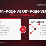 On-Page vs Off-Page SEO comparison banner showing title tags, content and internal links versus backlinks, guest posting and social signals