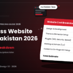 Itemized website cost breakdown invoice showing WordPress design, hosting, and plugin prices totaling Rs. 45,000+, with a browser mockup and coin stack