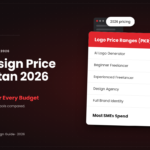 Logo design price in Pakistan 2026 banner showing PKR price ranges for AI tools, freelancers and agencies
