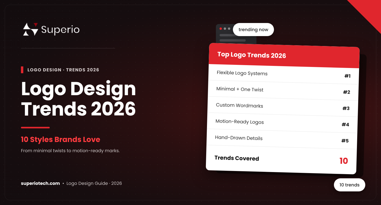 Logo design trends 2026 banner listing top trends like flexible logo systems, minimal twists and motion-ready logos